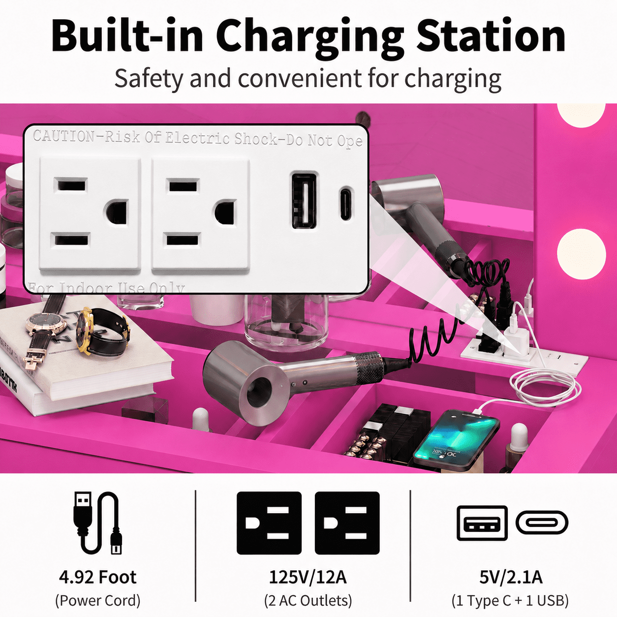 Ktaxon Large Makeup Vanity, Get Ready with Me GRWM Vanity Table Set w/ Visible Glass Top and Charging Station, Pink