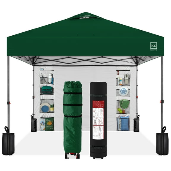 Best Choice Products 10x10ft Easy Setup Pop Up Canopy, Portable Tent w/ Side Wall, 1-Button Push, Case - Forest Green