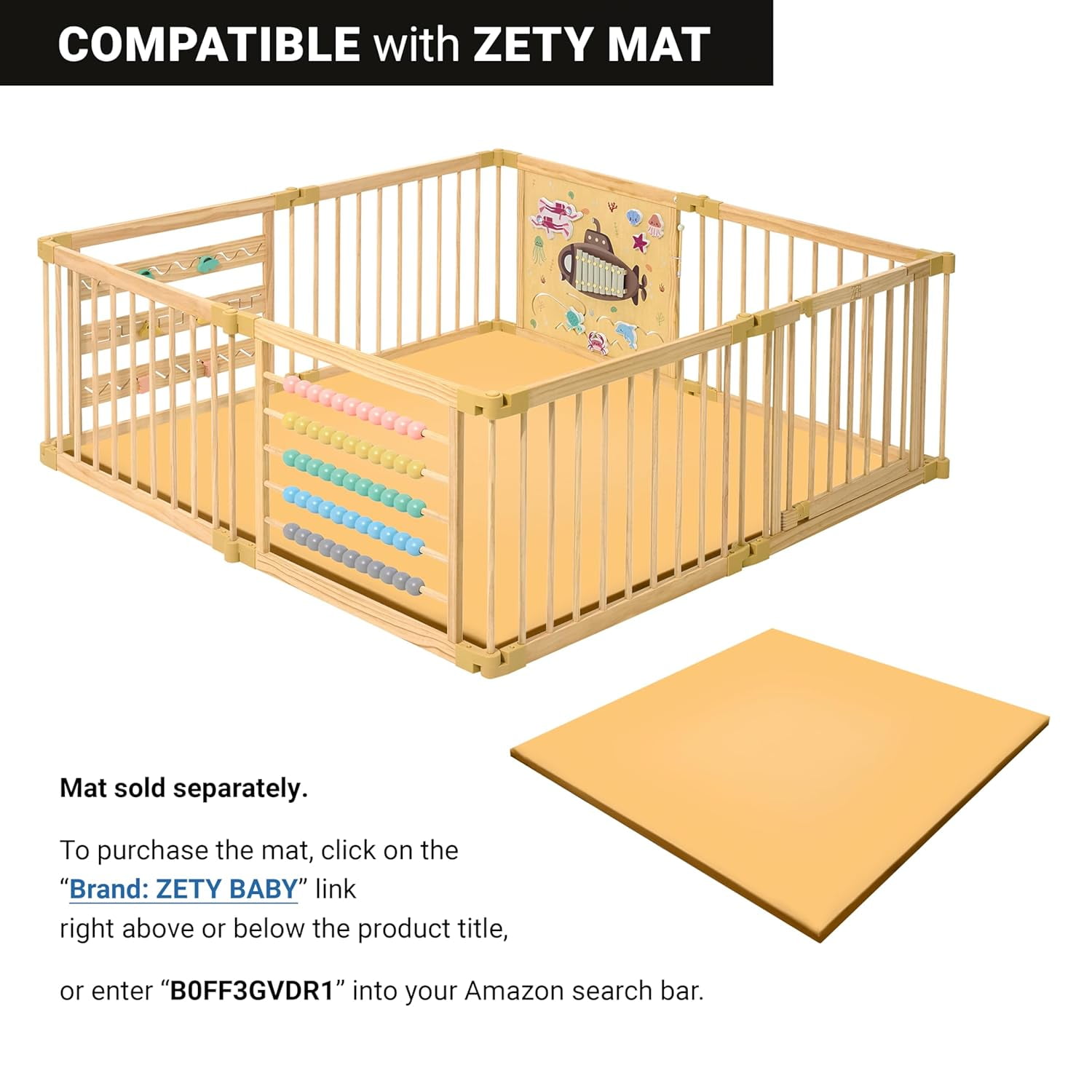 Wooden Playpen Extra Large for Toddlers and Babies - Under The Sea Theme Toy Design - (8/10) Wood Panels - Foldable and Adjustable Baby playpen - Extra Large Baby Play Yard (8-Panels)