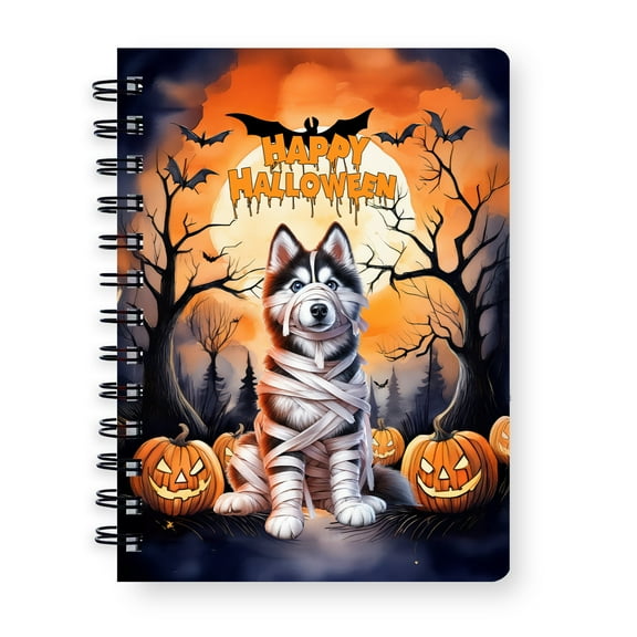Mummy Siberian Husky Happy Halloween with Pumpkins Bats Spooky Fun Spiral Bound Journal Husky Dog Lover Gifts 5x7in Spiral Notebook - 00019