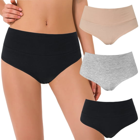Curve Muse Women's Plus Size High Waist Hipster Briefs 100% Cotton Panties-3 Pack-Grey,Nude,Black-S