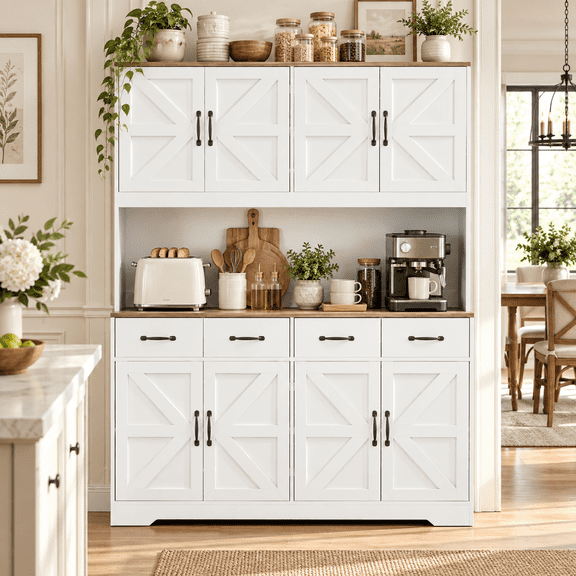 Kitchen Pantry Cabinet, Tall Pantry Cabinets for Kitchen Storage, Hutch Cabinet with Drawers, Charging Station, Microwave Stand and Adjustable Shelves for Dining Room