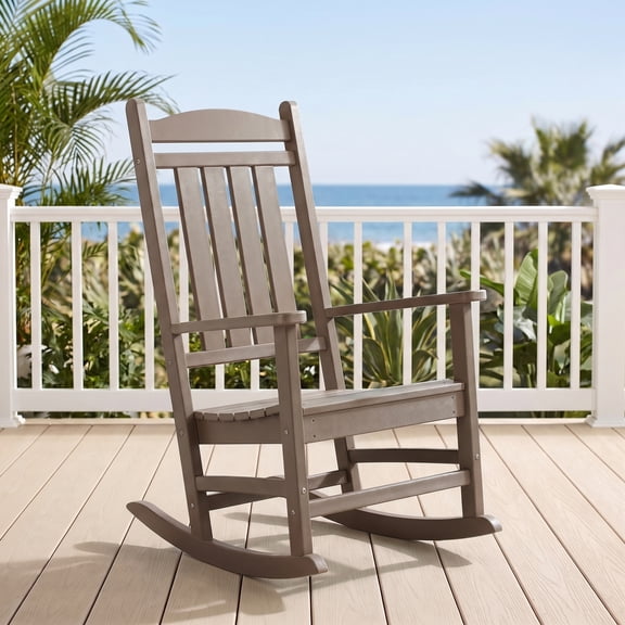 CostaElm Outdoor Adirondack Patio Rocking Chair, All-Weather Plastic HDPE Rocking Chair, Single, Weathered Wood