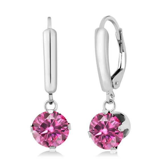 Gem Stone King 925 Sterling Silver Dangle Earrings Pink Round Moissanite (2.40 Cttw)