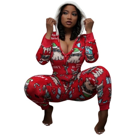 

Hirigin Women Christmas Jumpsuit Pajamas Sexy V Neck Zip Up Closure Cartoon Print Romper Sleepwear Nightwear