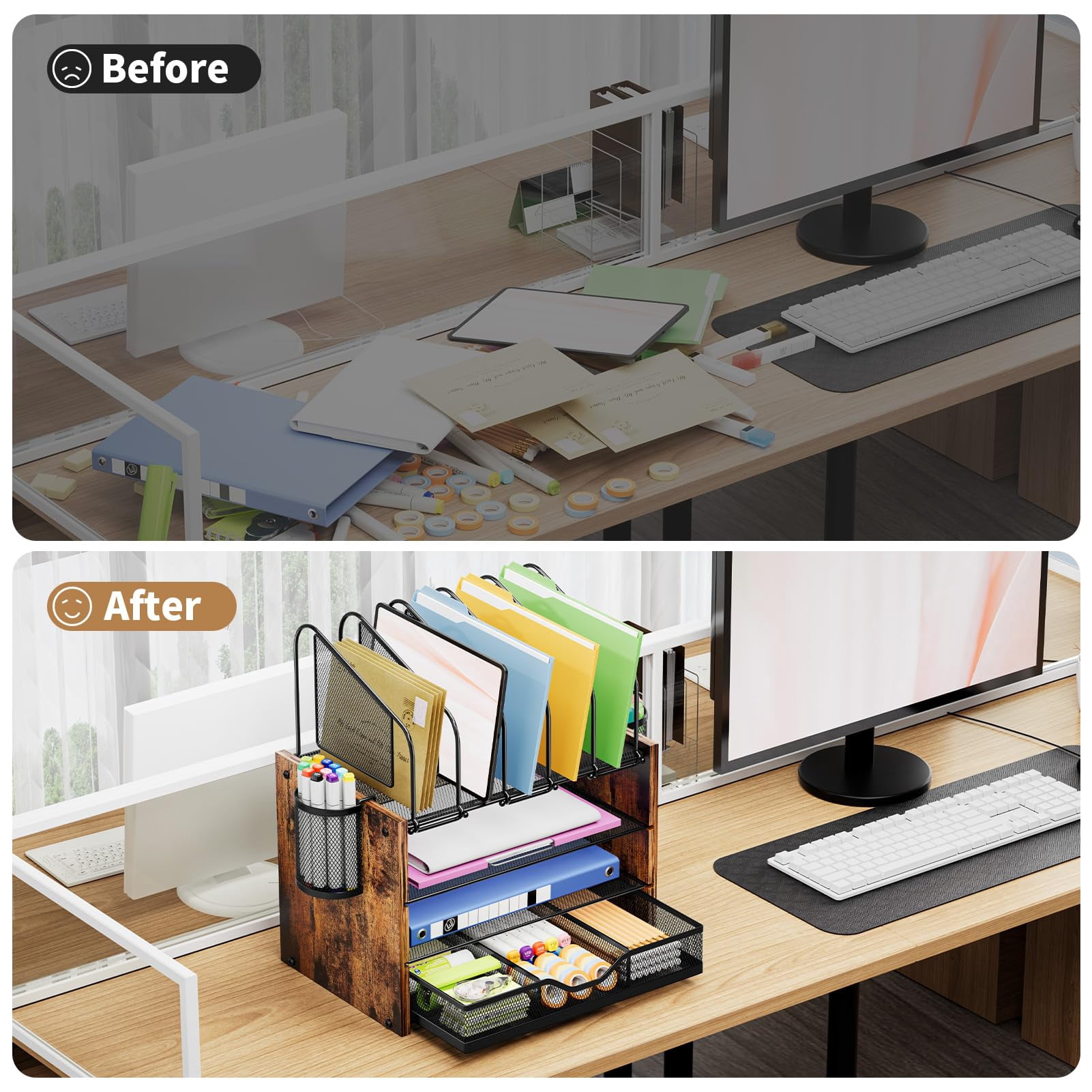 Desk Organizer With Drawer  4-tier Wooden File 5 Vertical Holders And 2 Pen Organizers Accessories For Home Office - Dark Brown