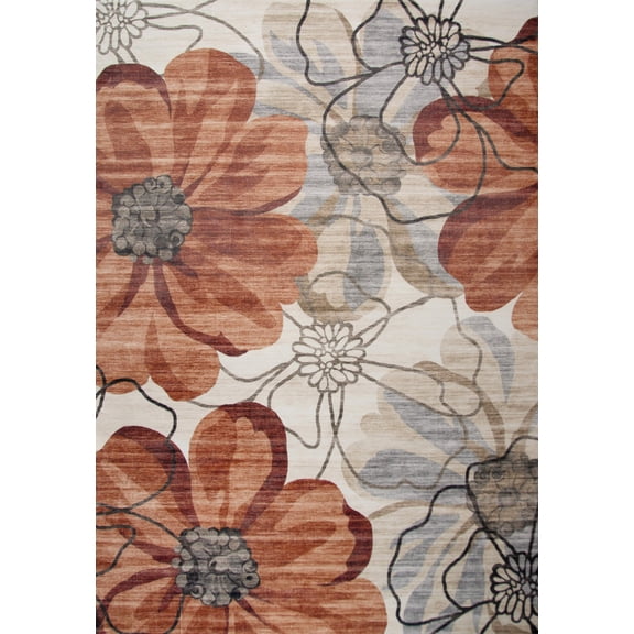 7' X 10' Red and Beige Floral Distressed Area Rug