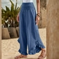 thumbnail image 5 of RPVATI Womens Linen Wide Leg Pants Dressy Casual Elastic Waist Ruffle Hem Smocked Palazzo Pants Summer Boho Flowy Beach Cropped Lounge Trousers with Pockets Blue M, 5 of 8