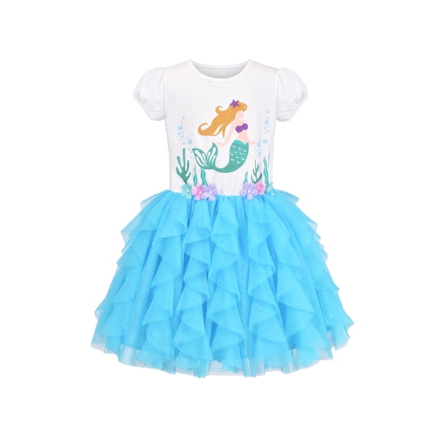 Robe Fille Bleue Mermaid Plissée Fête Princesse Tulle Tutu 5 Ans