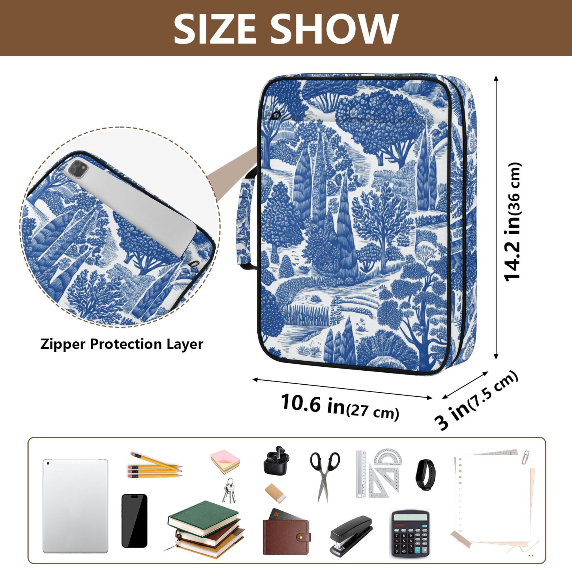 FORMRS Accordion File Folder A4 Size 7-Pocket Expanding Document Organizer Bag with 3 Ring Binder, Blue Garden Pattern
