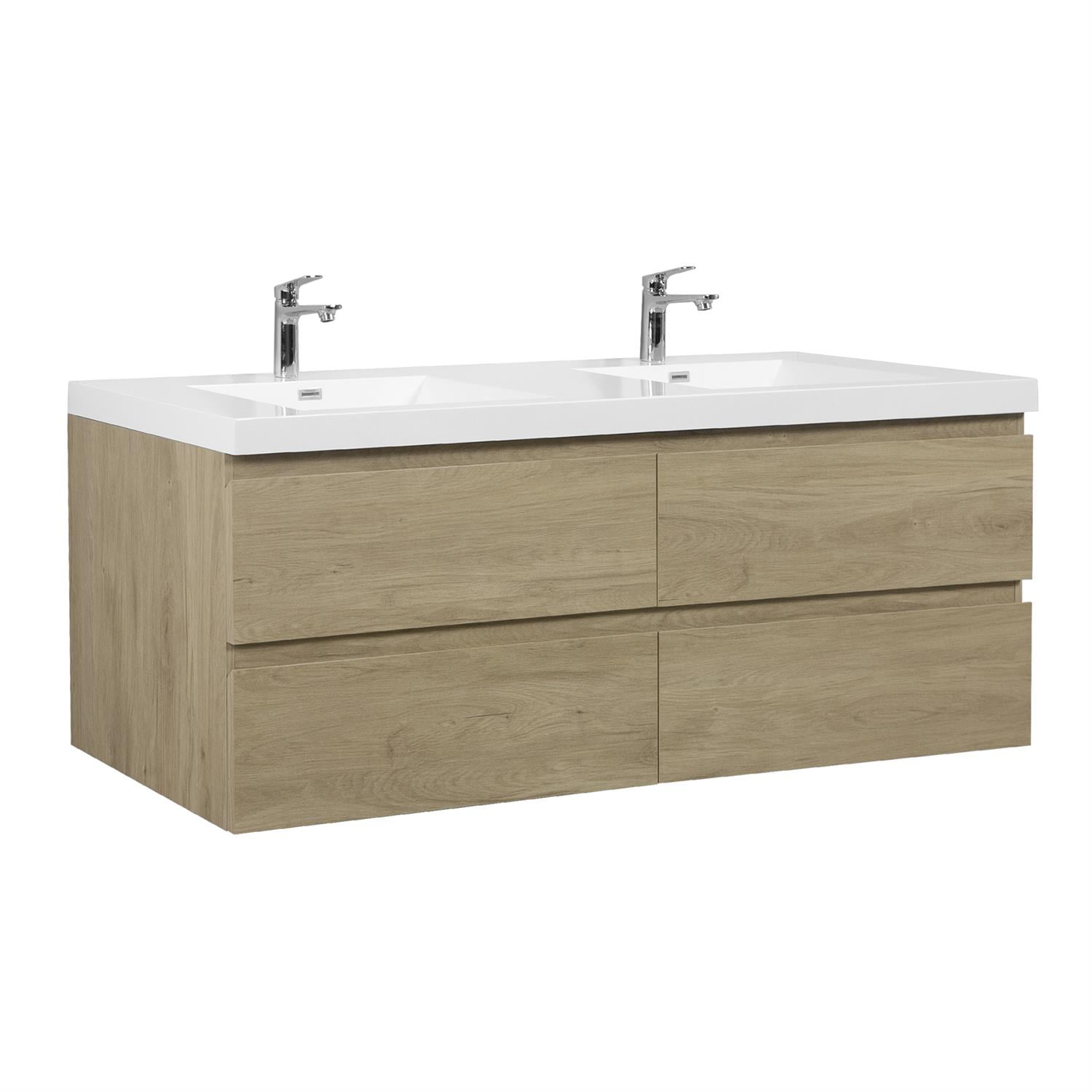 Demi Bonn 72" Floating Bathroom Vanity with Sink, Double Resin Top Basin and 4 Soft Close Drawers, Faucets and Drains Not Included, Brown