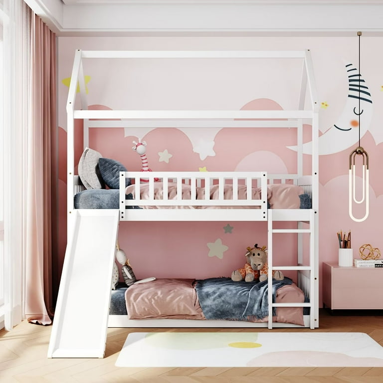 Twin Size Bunk Bed with Slide Wood House Bunk Bed Frame with Guardrail and Ladder for Girls Boys No Box Spring Required White Walmart