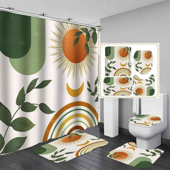 4PCS Wavy Swirl Shower Curtain Sets with Rugs, Waterproof Fabric Colorful Shower Curtain, 70s Art Vintage Retro Boho Funky Minimal Abstract Aesthetic Groovy Women Teen Girls Bathroom Decor