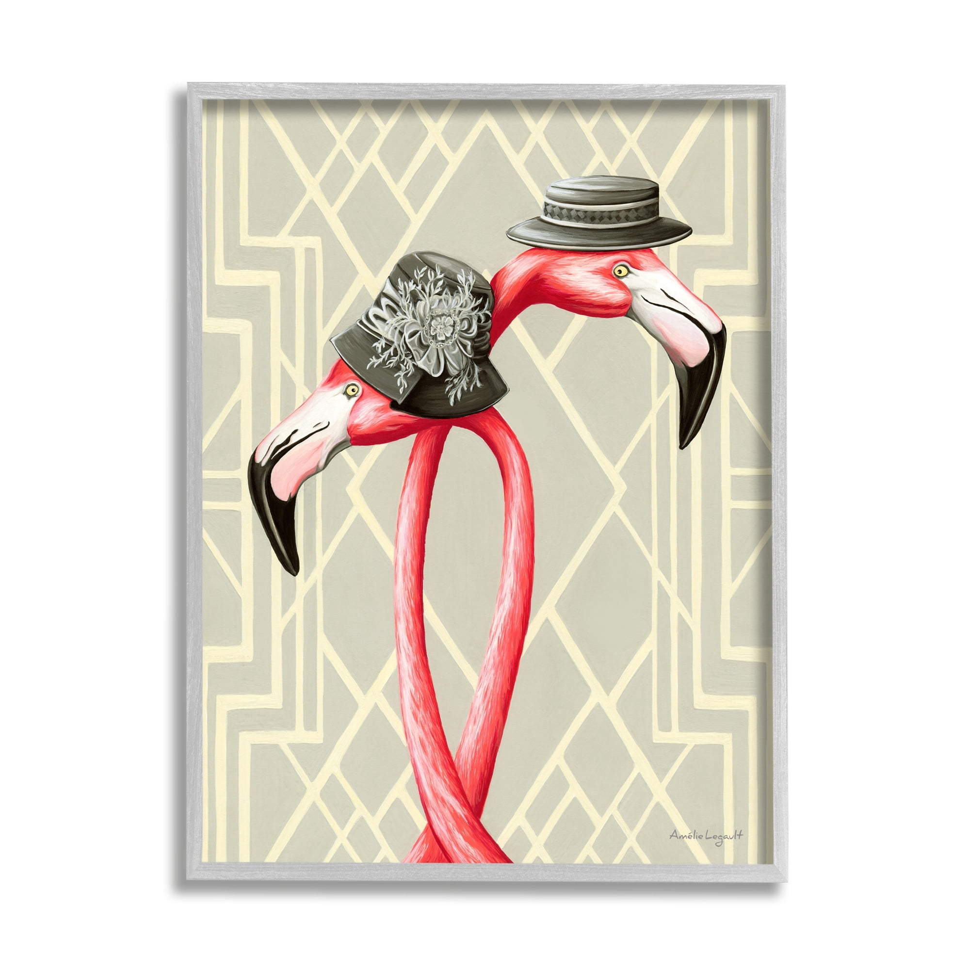 Stupell Industries Pink Flamingos Intertwining Vintage Hats Shapes Design Graphic Art Gray Framed Art Print Wall Art, Design by Amelie Legault