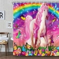 thumbnail image 4 of Unicorn Shower Curtain Set for Girls, Funny Cartoon Animal Colorful Rainbow Bathroom Curtain for Kids, Fairy Cute Little Kid Shower Curtains, Pink Waterproof Bathroom Curtains with 12 Hooks, 72X72IN, 4 of 6