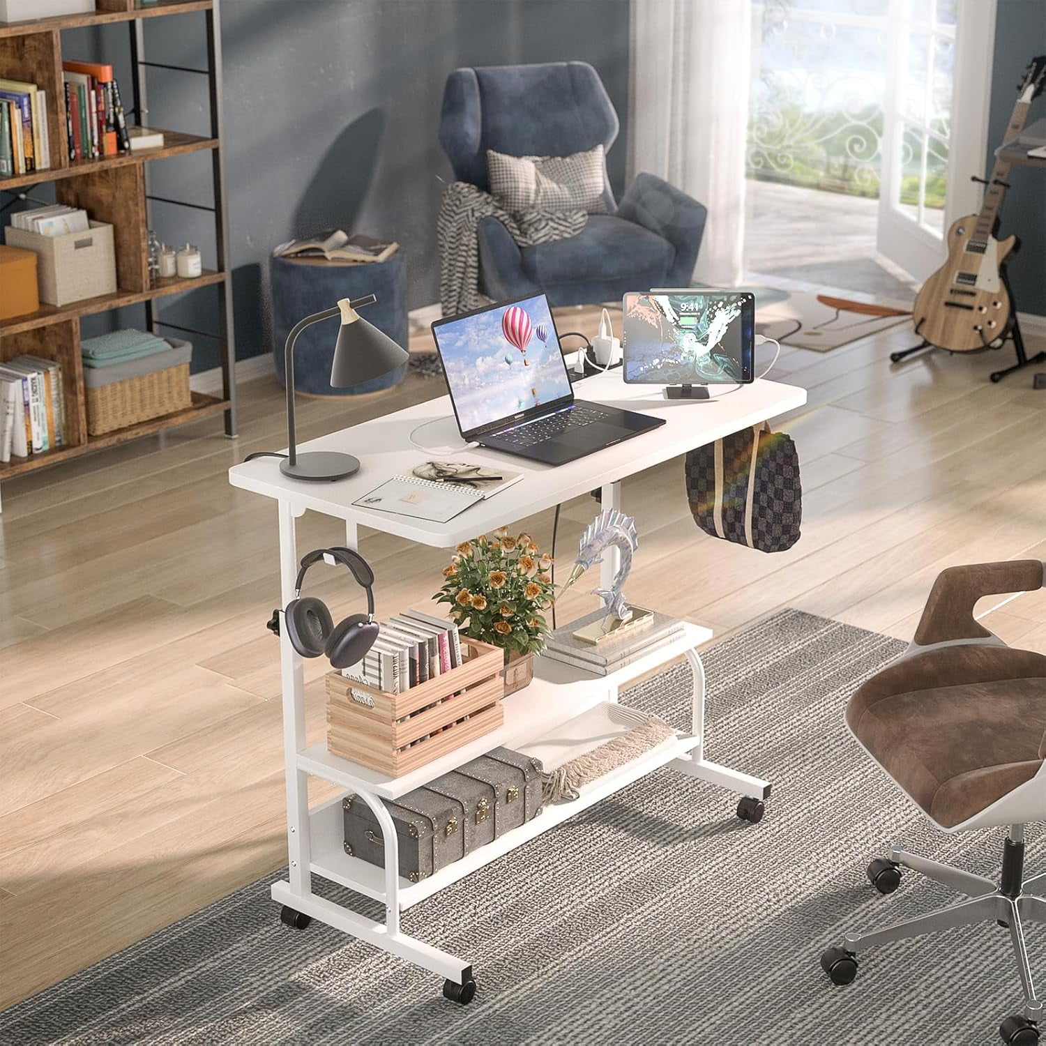 Homieasy Height Adjustable Standing Desk with Power Outlet & USB Ports, Max Height 41'', Small Mobile Computer Desk with Storage Shelves & Hooks, Portable Laptop Table for Home & Office, White