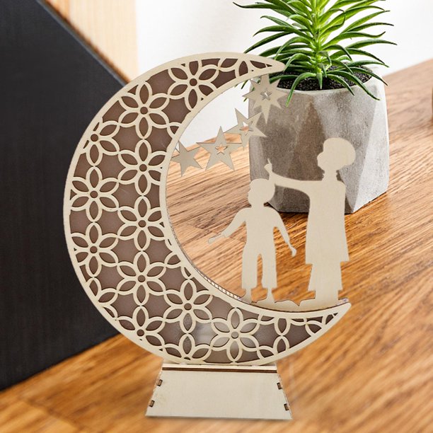 Estatua de madera Eid Sign Decoración de mesa ahuecada Adorno islámico musulmán Moon Star Artesanías Eid Mubarak Decoración Moon Night Light para Estilo A Macarena Artesanía de Eid Mubarak