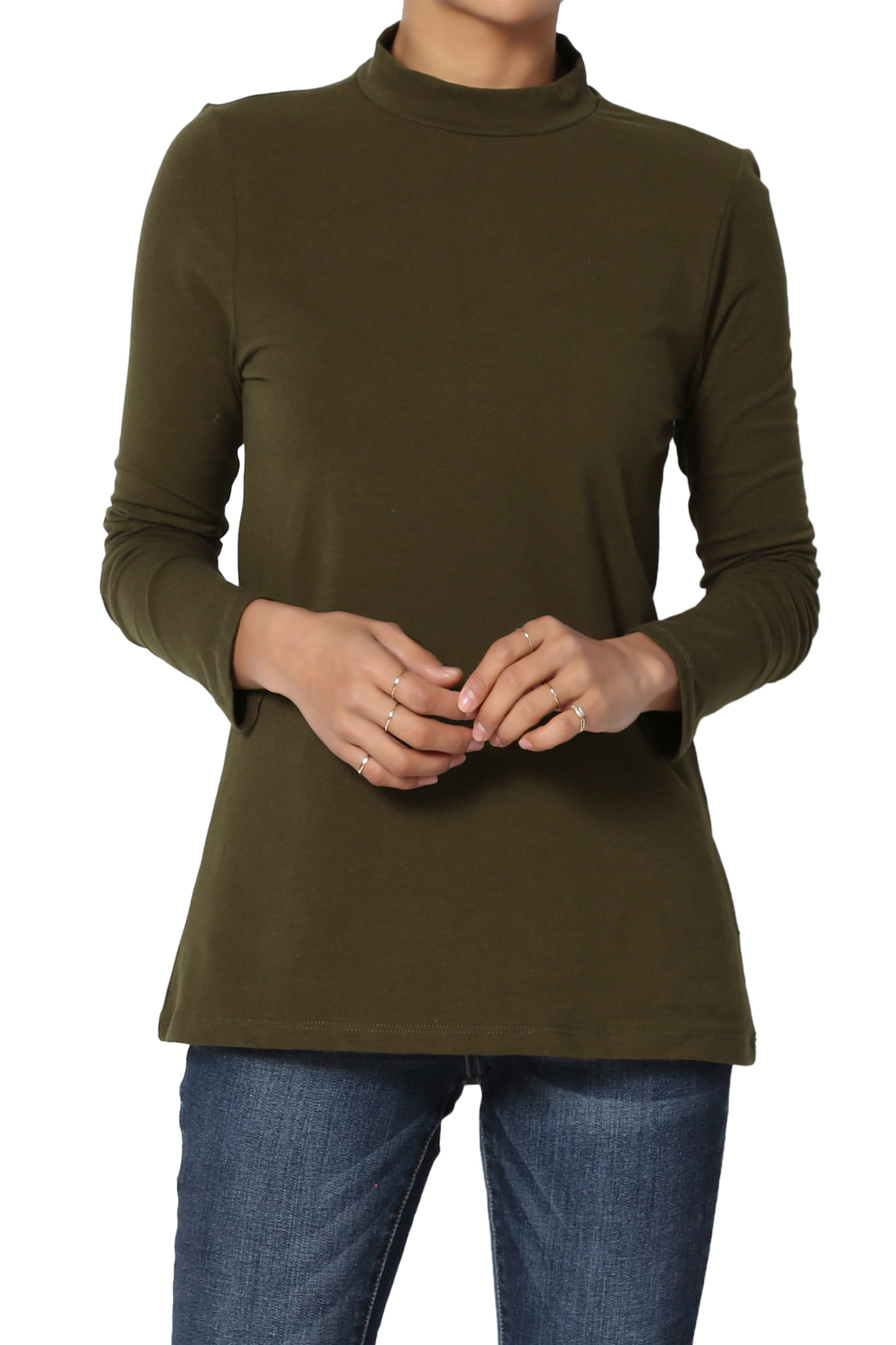 TheMogan Women's S~3XL Mock Neck Long Sleeve T-Shirt Stretch Cotton ...