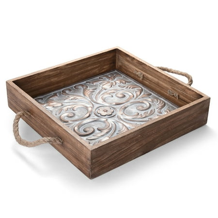 Embossed Wood - Elements 14 Inch By 14 Inch Embossed Metal & Wood Tray