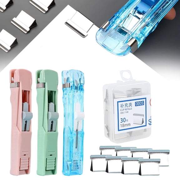Portable Push Stapler With 8 Reusable Clips Handheld Paper Clam Clip Dispenser No Hole Punch Free Binding Tool For Documents Stud ent Test Papers Home & Sch ool Pink 1Set