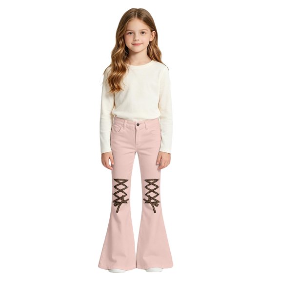 KEXE Cute Pants For Girls Teen Girls Lace Up Knee Flare Jeans High Waist Spring Outdoor Play Denim Trousers(Pink,8-9 Years)