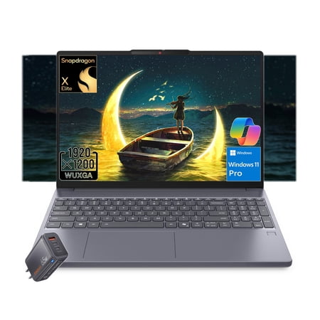 Lenovo IdeaPad Slim 3x 15.3" WUXGA Touchscreen Copilot+ PC - Snapdragon X (8-Core), 16GB LPDDR5X, 512GB SSD, MIL-STD 810H Military-Grade Durability, Luna Grey, Windows Pro OS, w/extra GAN Charger