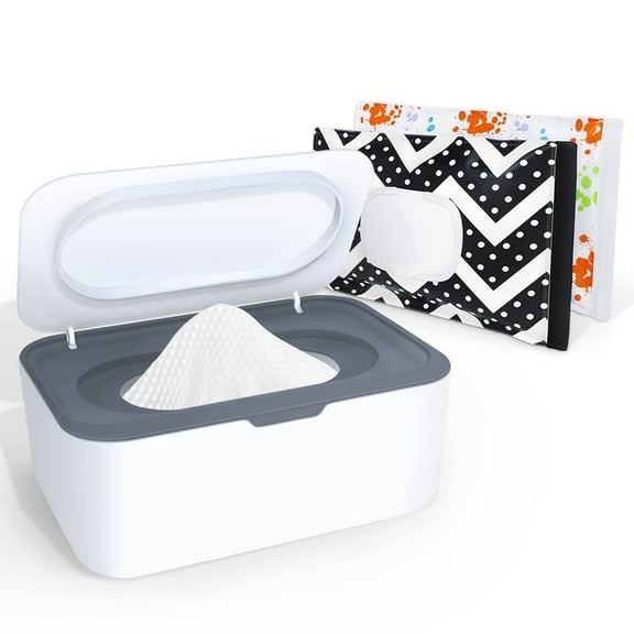DISEN Baby Wipes Dispenser,Wipe Holder with 2 Pcs Portable Travel Wipes Pouch, Refillable Diaper Wipes Container with Lids and Sealing Design(Grey)