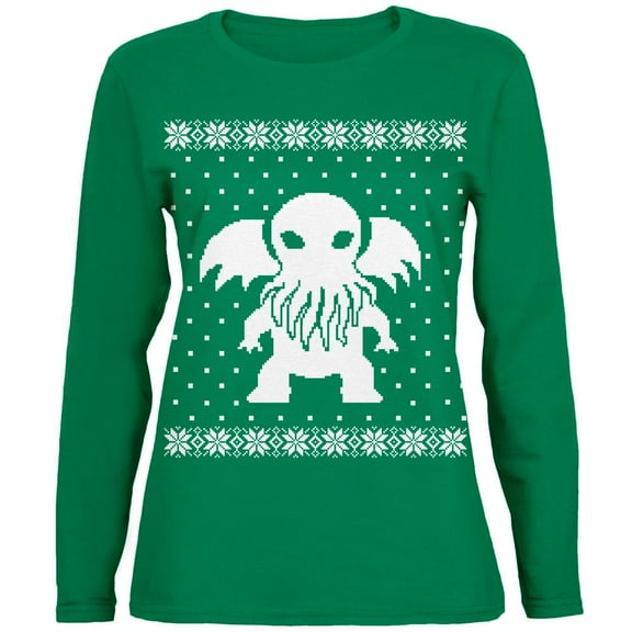 Big Cthulhu Ugly XMAS Sweater Green Womens Long Sleeve T-Shirt - Small