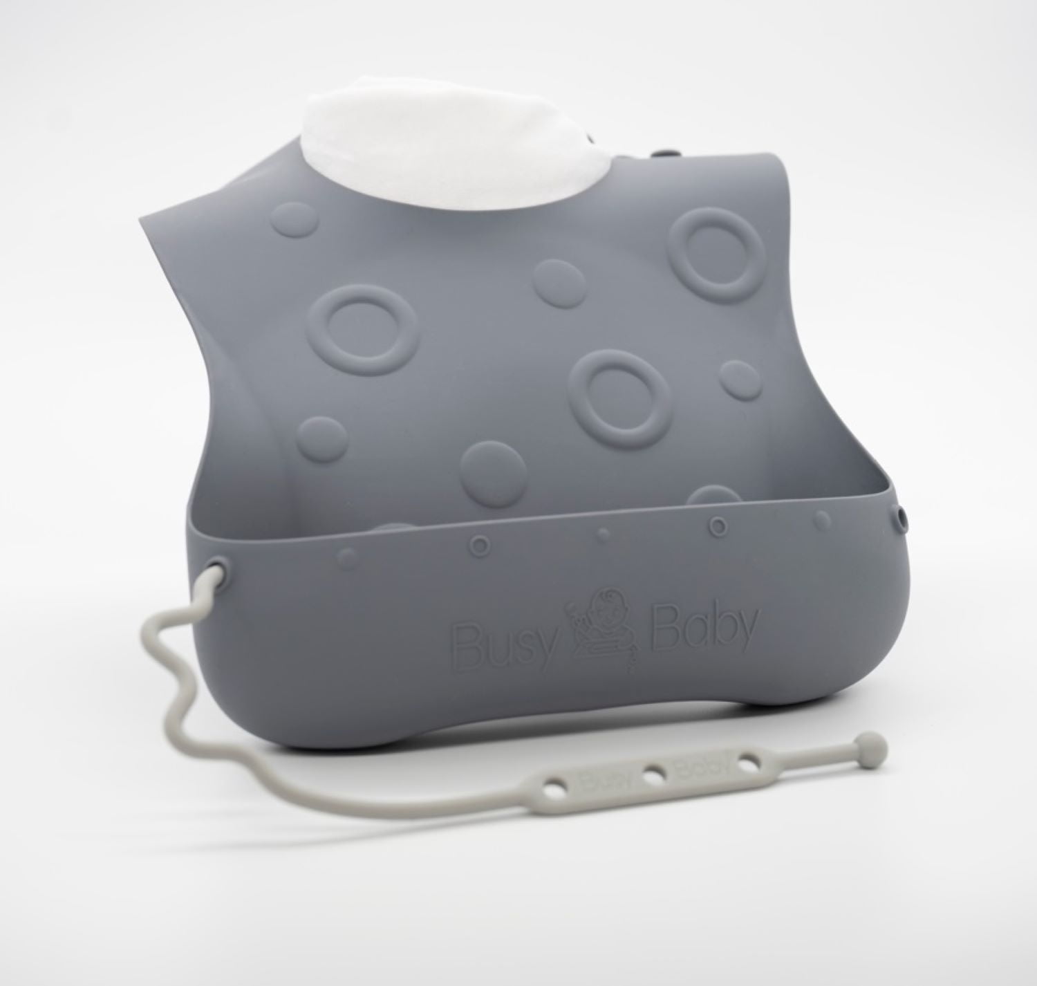 Busy Baby Silicone, BPA-Free Toddler and Baby Bib with Food Catcher, Utensils and Straps, Pewter