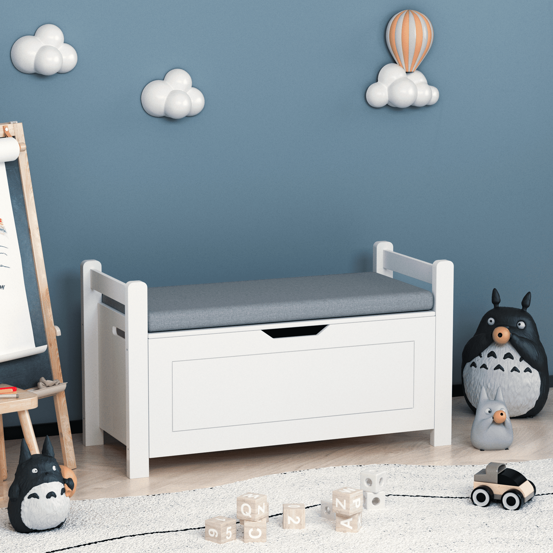 Kids Toy Box Chest, White Toy Box for Boys Girls, Large Storage Cabinet with Cushion Seat Bench/Flip-Top Lid/Safety Hinge, Toy Storage Organizer Trunk for Nursery, Playroom