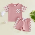 thumbnail image 2 of Toddler Baby Boy Summer Outfit Checkerboard Patchwork T Shirt Elastic Waist Shorts Newborn Infant Waffle Clothes Set, 2 of 4