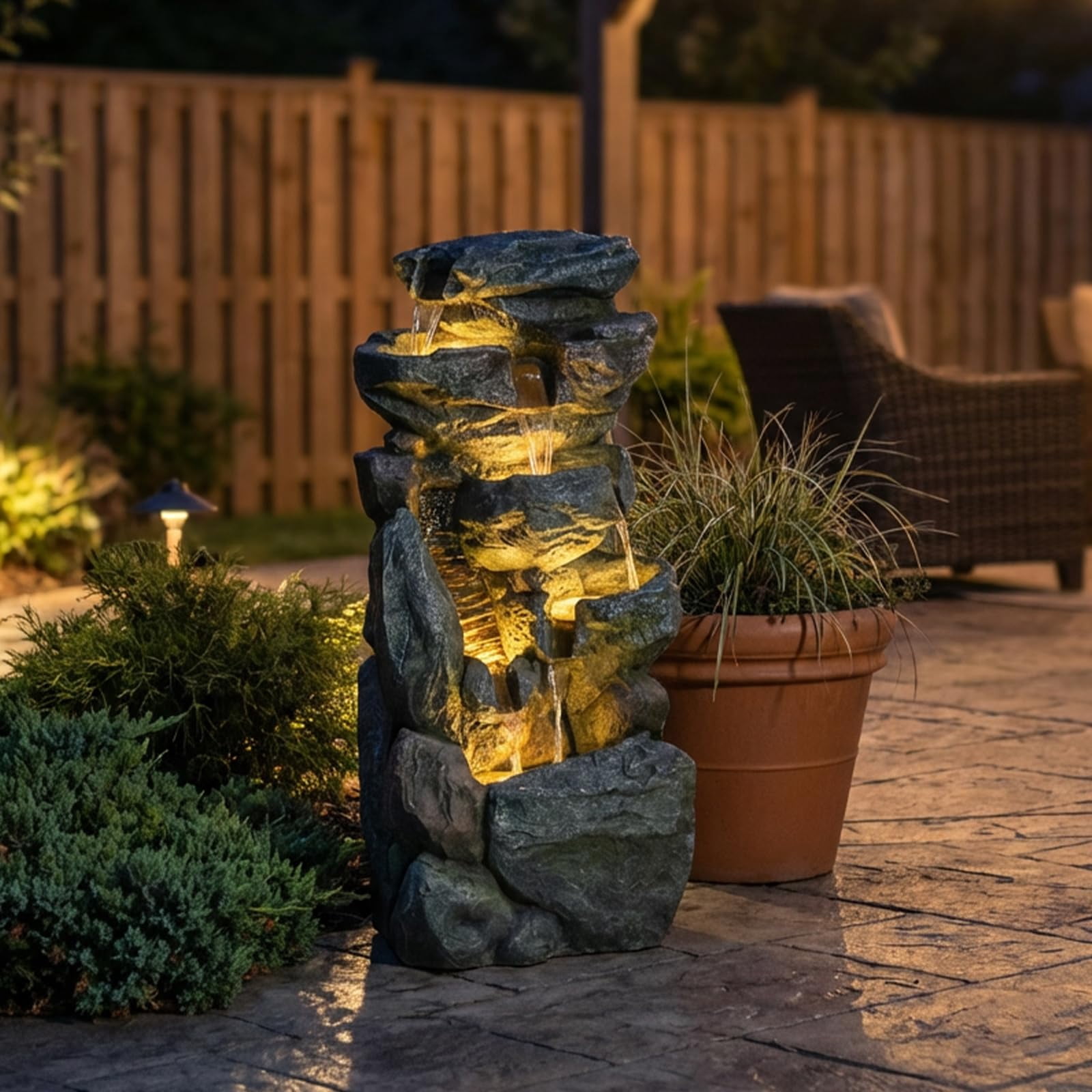 Rock Water Fountain Outdoor 6-Tiers Waterfall Fountain with LED Lights for Garden, Living Room, Patio, Home Decor