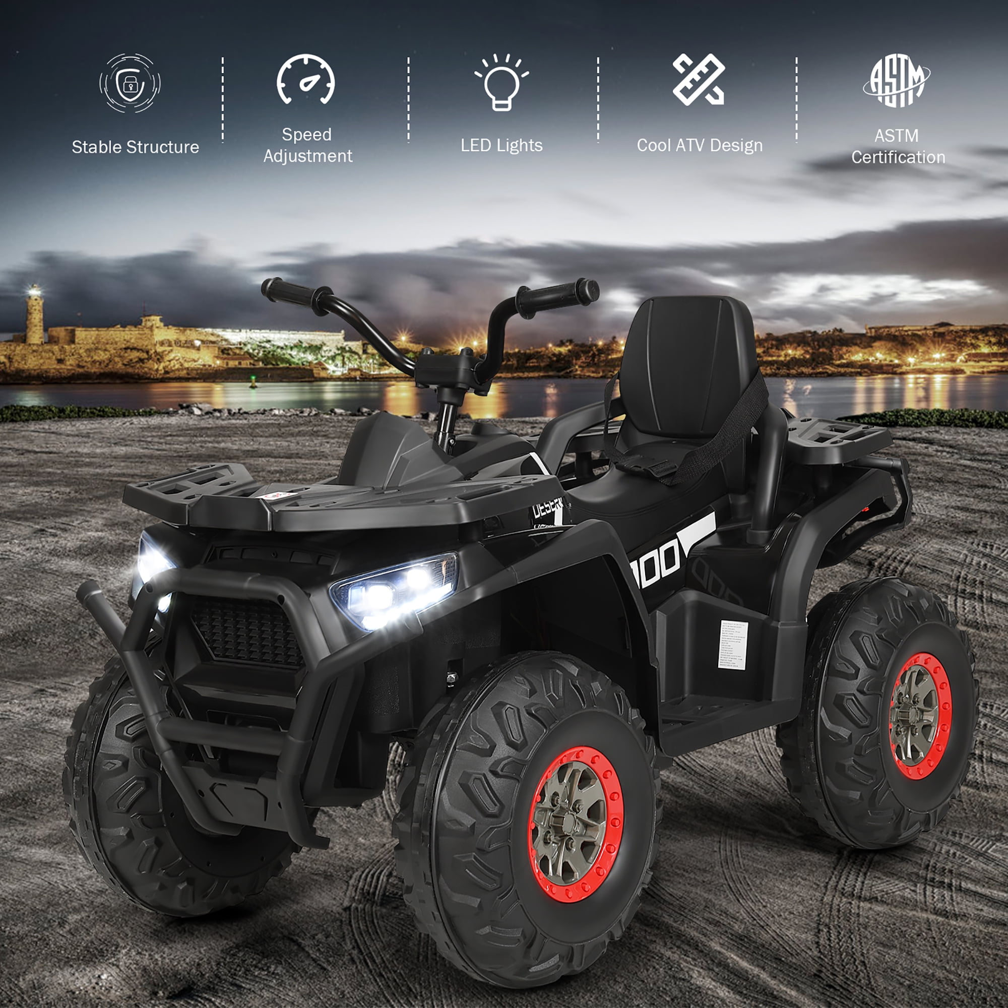 Costway 12V Kids Electric 4-Wheeler ATV Quad 2 Speeds Ride On Car w/MP3&LED Lights Black