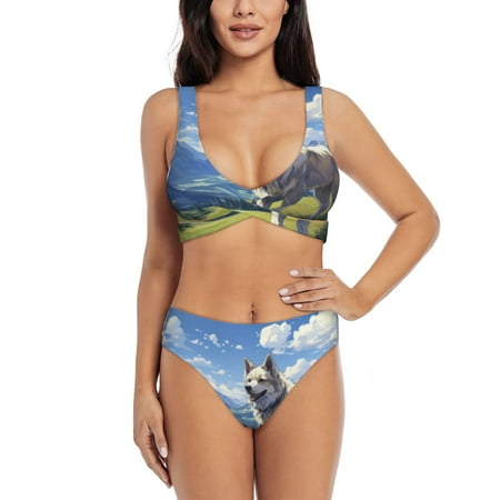 Zeuib Blue Sky Dog High Waisted Tummy Control Bikini Set - Knot Front Push Up Top & Cheeky Thong Bottom  Two-Piece Swimsuit for Women-X-Large