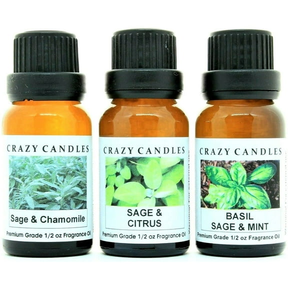 Crazy Candles 3 Bottles Set, 1 Sage & Chamomile, 1 Sage & Citrus, 1 Basil Sage & Mint 1/2 Fl Oz Each (15ml) Premium Grade Scented Fragrance Oils