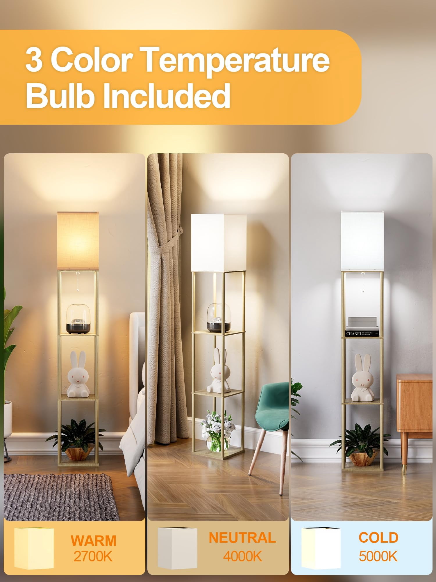 Floor Lamp With Shelves For Living Room Wood 2 Pack  Shelf 3 Cct Led Bulb Corner Display Standing Column Etagere Organizer Tower Nightstand Bedroom Office