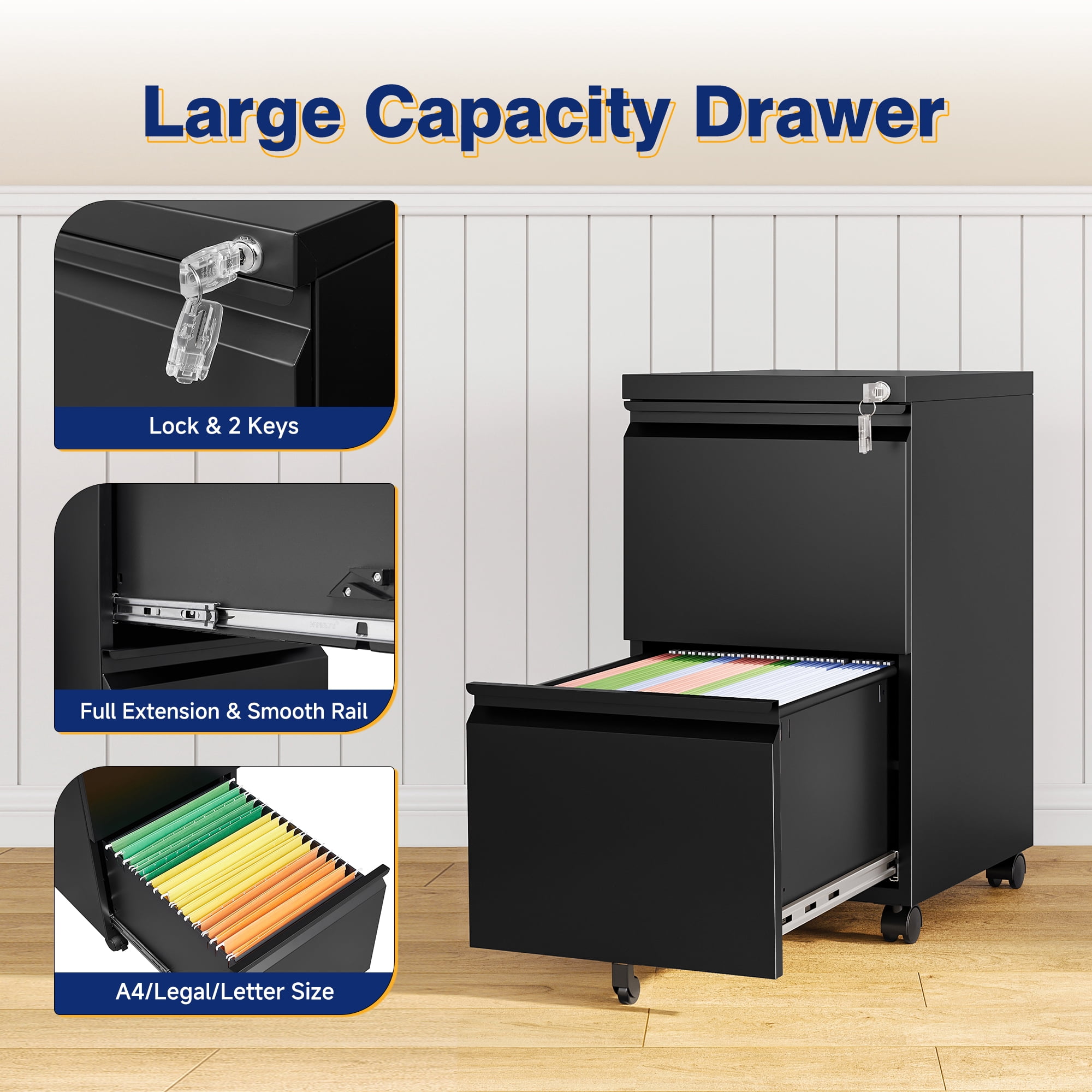 AUHUP 2 Drawer Mobile File Cabinet with Lock, Metal Filing Cabinet with Wheels for Legal/Letter/A4 File, Under Desk File Cabinets for Home Office, Black,Fully Assembled
