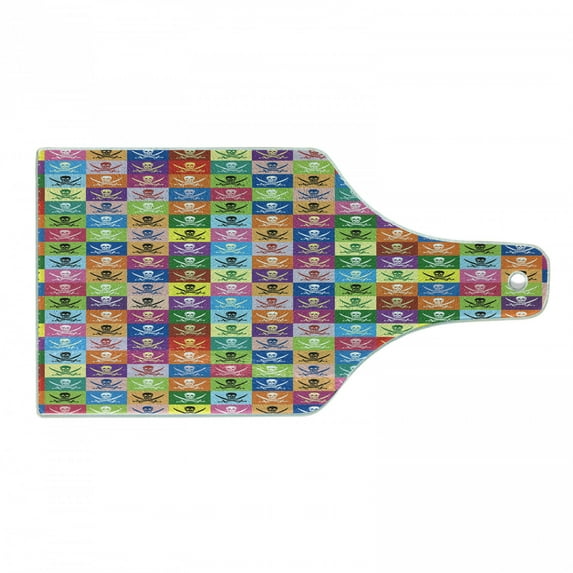 Skull Cutting Board, Skull and Crossed Pirate Flags Jolly Roger Inspired Pattern Colorful Design Print, Tempered Glass Cutting and Serving Board, Wine Bottle Shape, Multicolor, by Ambesonne