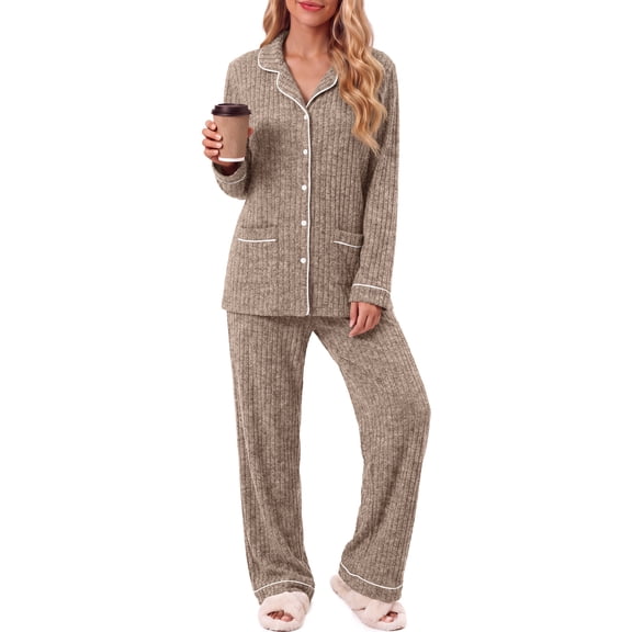 Weekease Pajama sets for Women Button up Tops Drawstring Pants Sleepwear Contrast Piping Fall Nightwear with Pockets