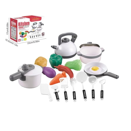 18PCS Pretend Kitchen Cookware Play Toys Kids Realistic Pot Kettle Utensils Fake Veggie Cooking Playset Preschool Educational Learning Toys Imaginative Chef Role Play Kit for Boys Girls Ages 3+