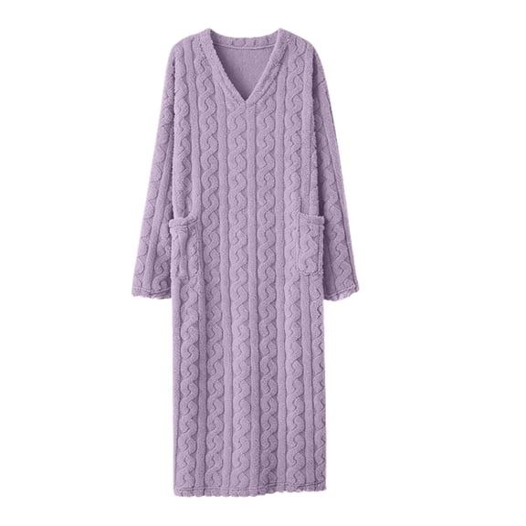 QIYAGBSA Nightgown for Women Soft Fleece Cable Knit V Neck Long Sleeve with Pockets Sleepwear (Purple, XL)
