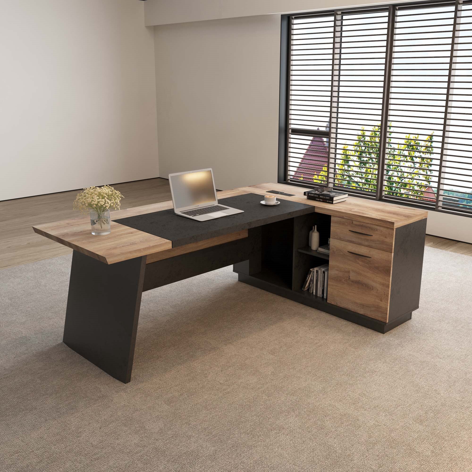 78inch L-Shaped Executive Desk with Right  Return Cabinet Built-In Outlet