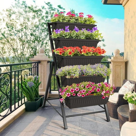 3.74FT Vertical Raised Garden Bed, 5 Tiers Elevated Garden Planters, 23 * 26 * 45Inch Indoor Outdoor Raised Planter Box with 4 Hooks, fit for Vegetables Flowers on Patio Balcony Garden, Black