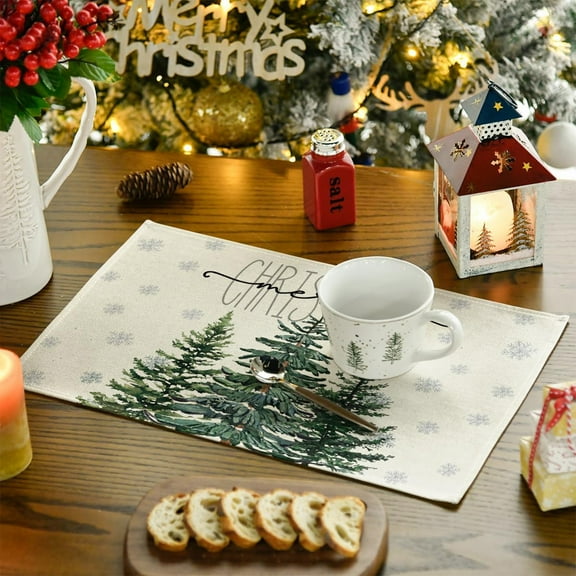 Beige Pine Tree Snowflake Merry Christmas Placemats, Seasonal Winter Xmas Holiday Table Mats for Party Kitchen Dining Decoration