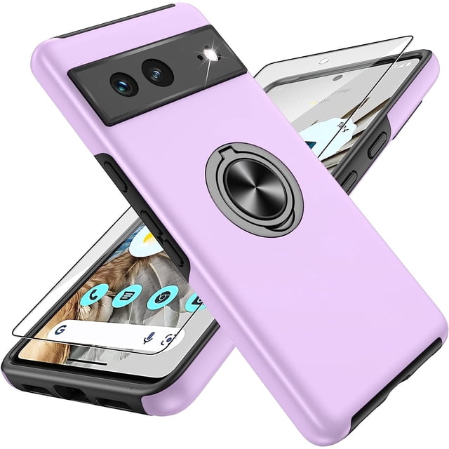 KOMI Pixel 7 Case, Google Pixel 7 Case with HD Screen Protector, Shockproof Google Pixel 7 Phone Case with 360° Magnetic Ring Holder Kickstand Phone Case for Google Pixel 7 Purple
