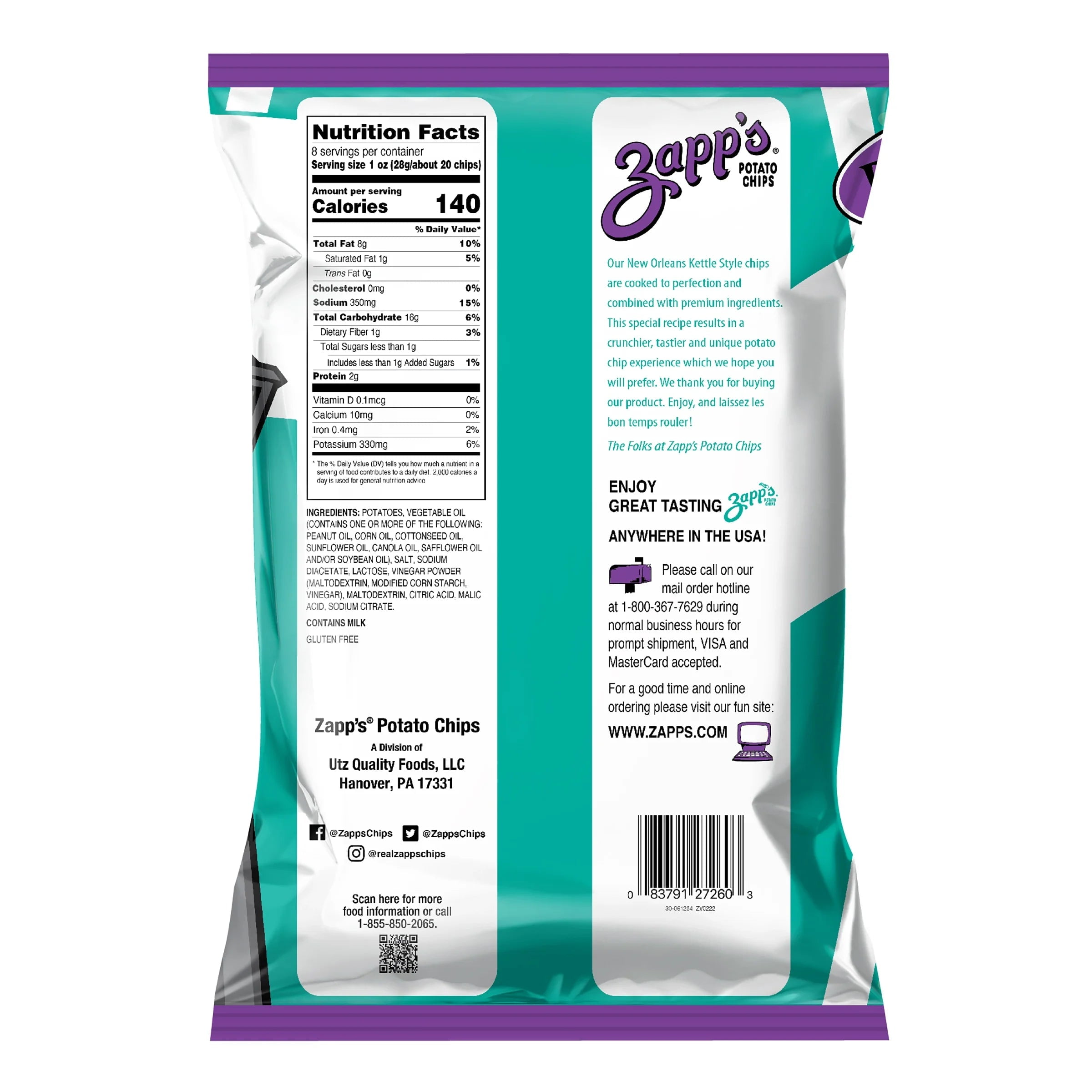 Zapp's New Orleans Kettle Style Salt & Vinegar Potato Chips, 2 oz. - Pack of 25