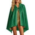 thumbnail image 2 of Halloween Sequin Hooded Cape, Tie-Front Sparkly Cloak for Stage Performance & Holiday Party, Glittery Open-Front Cover-Up for Women, 1 PC Dark Green, 2 of 8