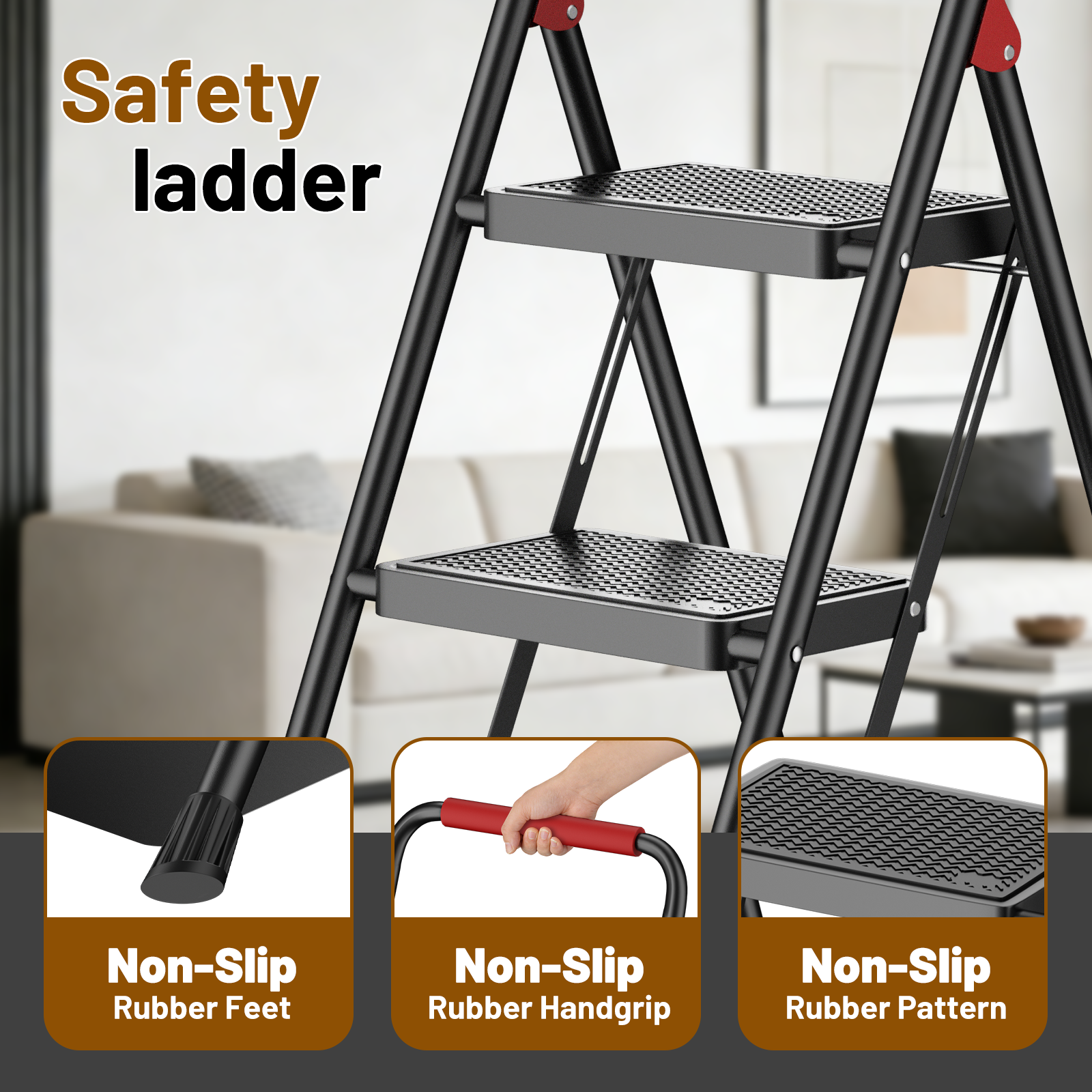 Lafati 3-Step Folding Steel Ladder, 330 Lb Capacity photo 2