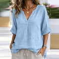 thumbnail image 2 of CaComMARK PI Linen Shirts for Women V Neck 3/4 Sleeve Loose Fit Cotton Tops Button Down Casual Dressy Clothes for Summer Light Blue, 2 of 7