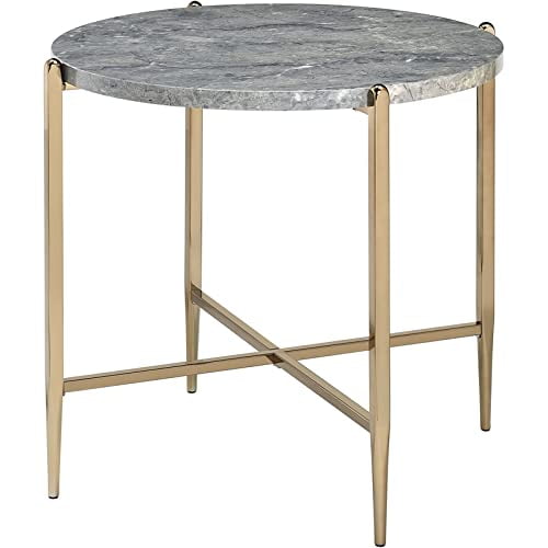 Acme Furniture Table d'Appoint Ronde en Faux Marbre avec Base en Métal, Champagne